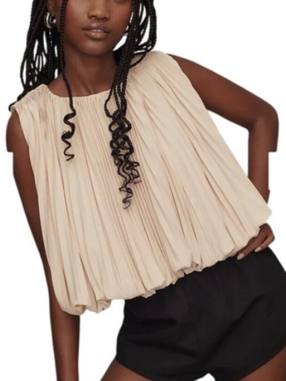 Anthropologie Mare Mare Cream Pleated Sleeveless Top Bubble Hem Blouse Size M